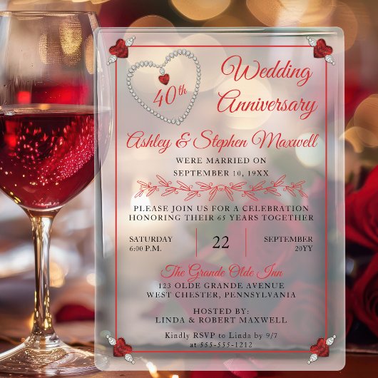 Red Ruby Diamond 40ste bruiloft Jubileum Party Acryl Uitnodigingen