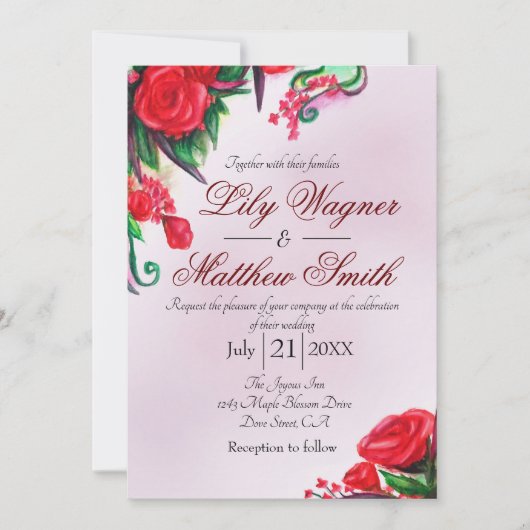 Red Ruby Floral Roos Greenery Wedding Invitation Kaart (Voorkant)