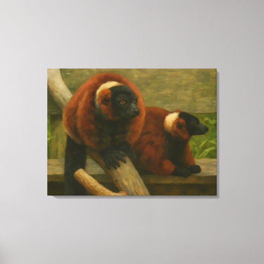 Red Ruffed Lemurs in Woodland Light Canvas Afdruk (Voorkant)