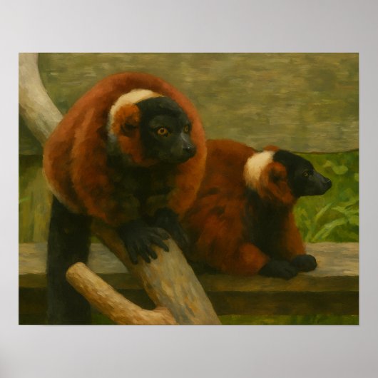Red Ruffed Lemurs in Woodland Light Poster (Voorkant)