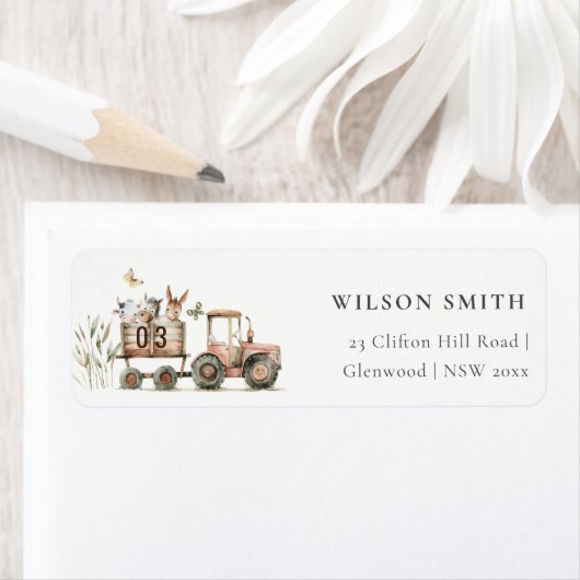 Red Rust Farm Animals Tractor Kinder adres Etiket (Insitu)