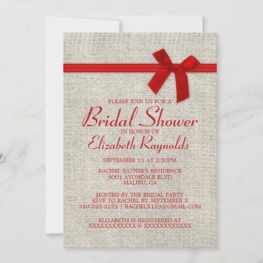 Red Rustic Burlap Bridal Shower Invitations Kaart (Voorkant)