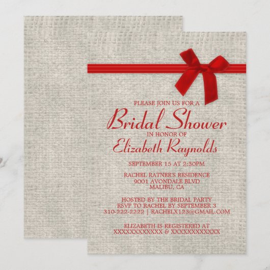 Red Rustic Burlap Bridal Shower Invitations Kaart (Voorkant / Achterkant)