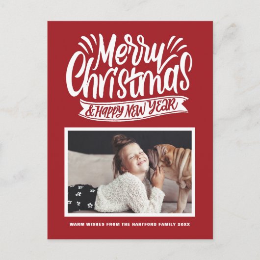 Red Rustic Calligraphy Merry Kerstfoto Feestdagenkaart (Voorkant)