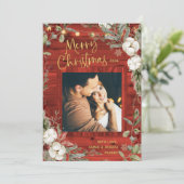 Red Rustic Christmas | Winter bloemen en foto's Feestdagenkaart (Staand voorkant)