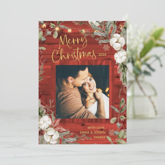 Red Rustic Christmas | Winter bloemen en foto's Feestdagenkaart (Staand voorkant)