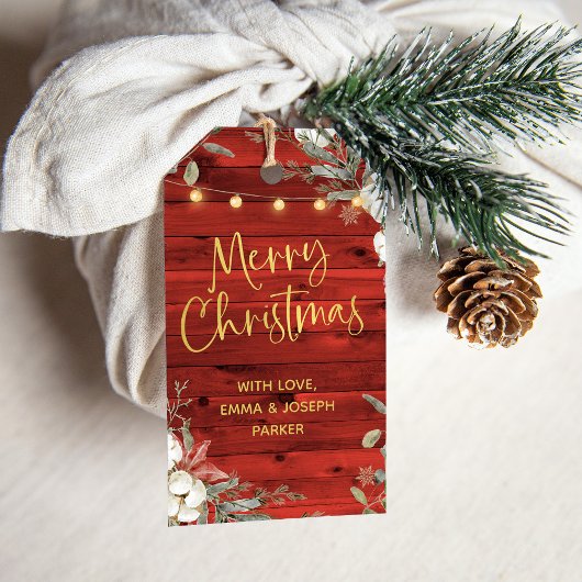 Red Rustic Christmas | Winter bloemen en goud Cadeaulabel