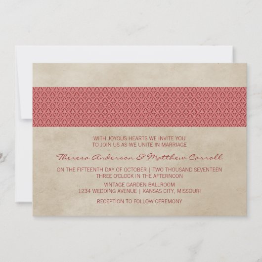 Red Rustic Damask Wedding Invite Kaart (Voorkant)