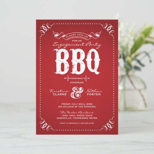 Red Rustic Engagement Party BBQ Kaart (Staand voorkant)