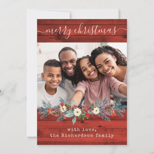 Red Rustic kerstgroen | Foto en script Feestdagenkaart (Voorkant)