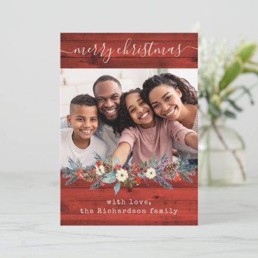 Red Rustic kerstgroen | Foto en script Feestdagenkaart (Staand voorkant)