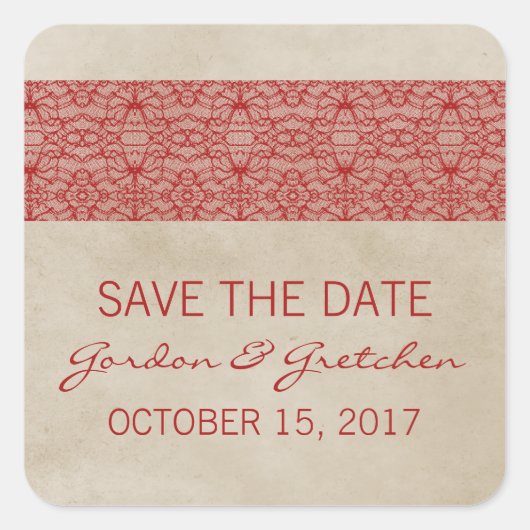 Red Rustic Lace Save the Date Stickers (Voorkant)