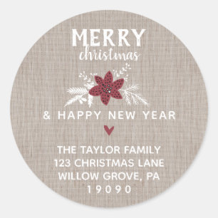 Red Rustic Merry kerst Return-adres Ronde Sticker
