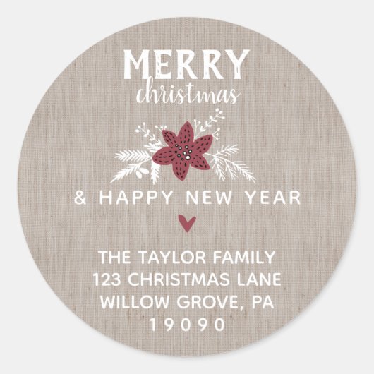 Red Rustic Merry kerst Return-adres Ronde Sticker (Voorkant)