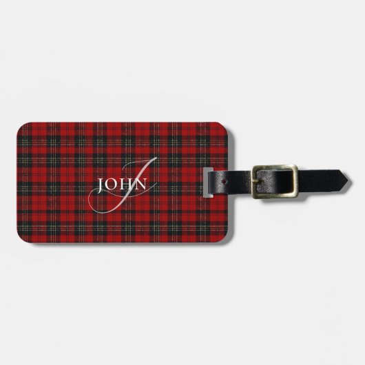 Red Rustic Plaid Chic Typography Monogrammed Bagagelabel (Voorkant horizontaal)