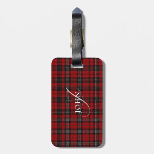 Red Rustic Plaid Chic Typography Monogrammed Bagagelabel (Achterkant verticaal)