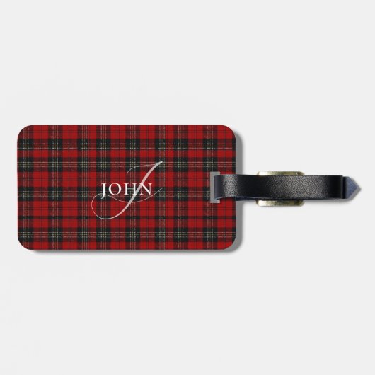 Red Rustic Plaid Chic Typography Monogrammed Bagagelabel (Achterkant horizontaal)