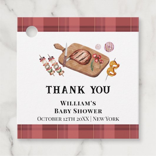 Red Rustic Plaid Country Baby Q Baby shower Bedankjes Labels (Voorkant)