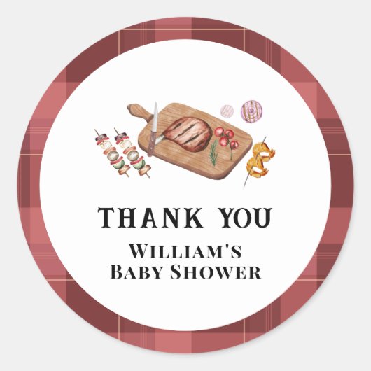 Red Rustic Plaid Country Baby Q Baby shower Ronde Sticker (Voorkant)