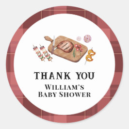 Red Rustic Plaid Country Baby Q Baby shower Ronde Sticker