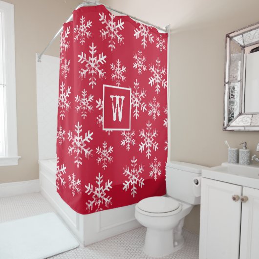Red Rustic Snowflake Monogram Kerstmis Douchegordijn (In situ)