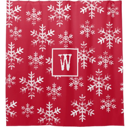 Red Rustic Snowflake Monogram Kerstmis Douchegordijn (Voorkant)
