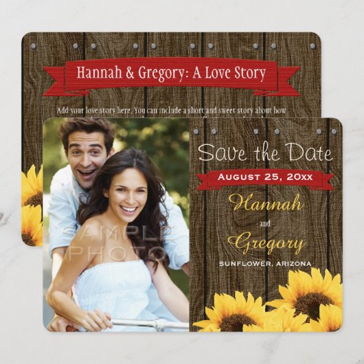 RED RUSTIC SUNFLOWER BEWAREN DE DATUMKAART SAVE THE DATE (Voorkant / Achterkant)
