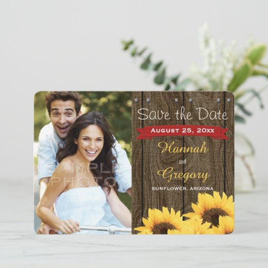 RED RUSTIC SUNFLOWER BEWAREN DE DATUMKAART SAVE THE DATE (Staand voorkant)
