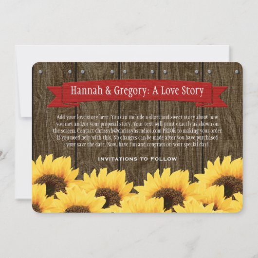RED RUSTIC SUNFLOWER BEWAREN DE DATUMKAART SAVE THE DATE (Achterkant)