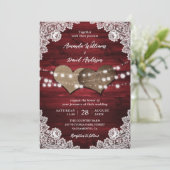 Red Rustic Wood Burlap Lace String Lights Wedding Kaart (Staand voorkant)