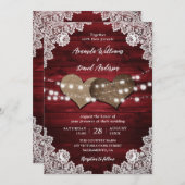 Red Rustic Wood Burlap Lace String Lights Wedding Kaart (Voorkant / Achterkant)