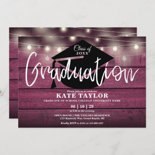 Red Rustic Wood String Lights Graduparty Kaart (Voorkant / Achterkant)