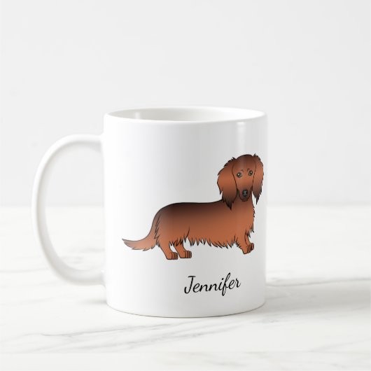 Red Sable Long Hair Dachshund Cartoon Dog & Name Koffiemok (Links)