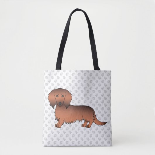 Red Sable Long Hair Dachshund Cartoon Dog & Paws Tote Bag (Voorkant)