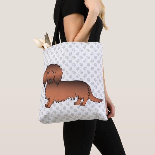Red Sable Long Hair Dachshund Cartoon Dog & Paws Tote Bag (Dichtbij)