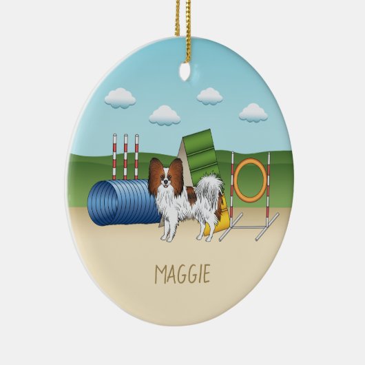 Red Sable Papillon Agility Dog met aangepaste naam Keramisch Ornament (Rechts)