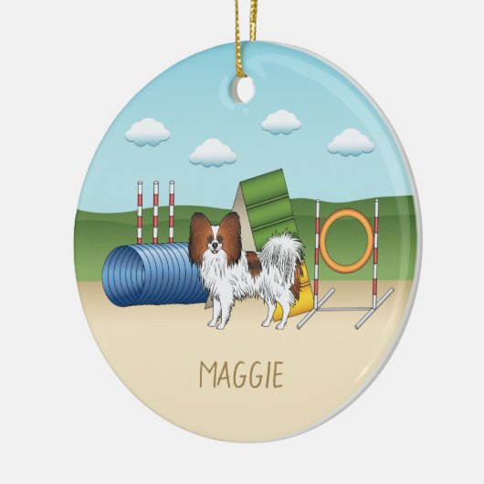 Red Sable Papillon Agility Dog met aangepaste naam Keramisch Ornament (Links)