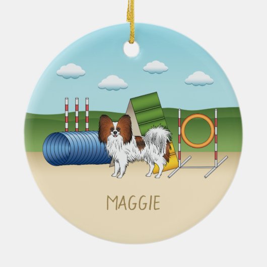 Red Sable Papillon Agility Dog met aangepaste naam Keramisch Ornament (Achterkant)