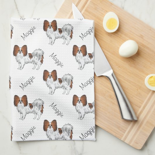 Red Sable Papillon Cartoon Dog Pattern met naam Theedoek (Quarter Fold)