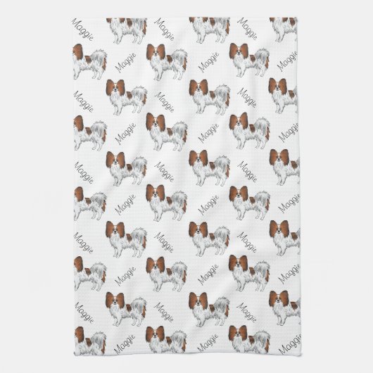 Red Sable Papillon Cartoon Dog Pattern met naam Theedoek (Verticaal)