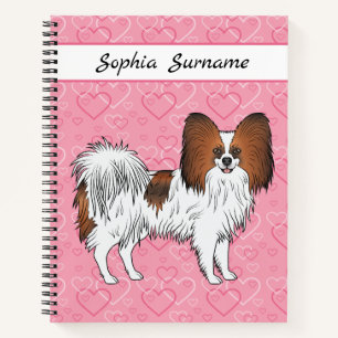 Red Sable Papillon Happy Cute Dog op roze harten Notitieboek