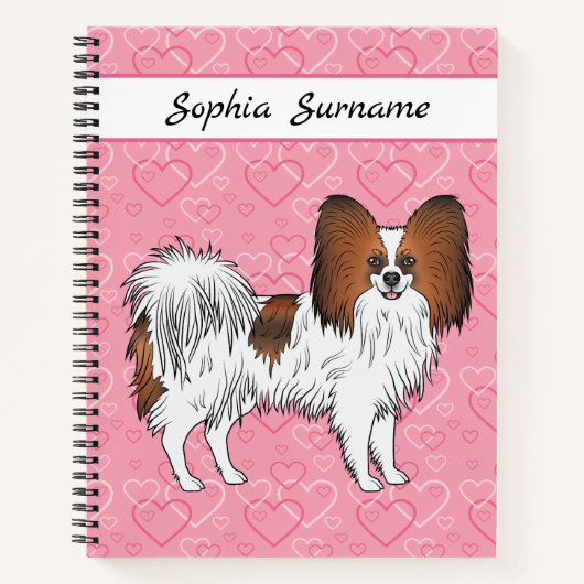 Red Sable Papillon Happy Cute Dog op roze harten Notitieboek (Voorkant)