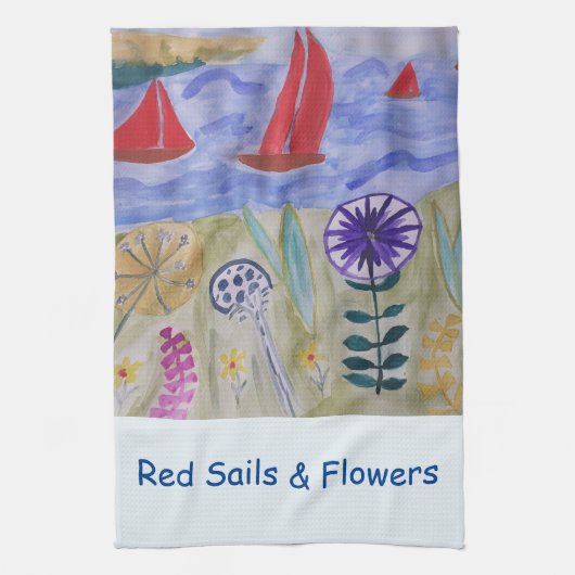 Red Sails & Flowers Tea Towel Theedoek (Verticaal)