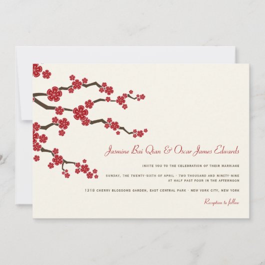 Red Sakura Cherry Blossom Modern Asian Wedding Kaart (Voorkant)