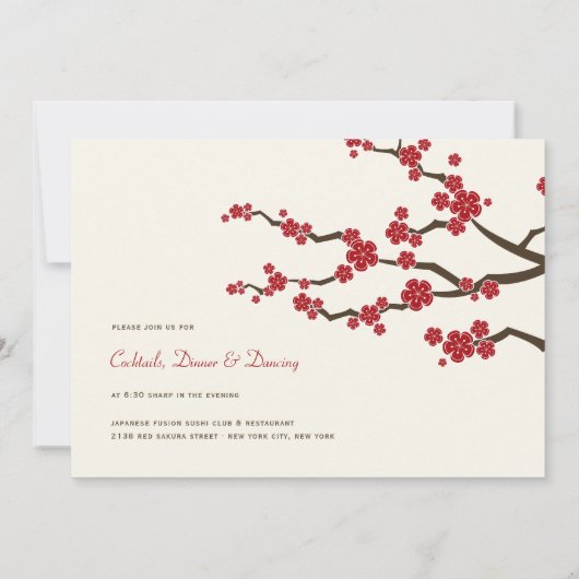 Red Sakura Cherry Blossom Modern Asian Wedding Kaart (Achterkant)