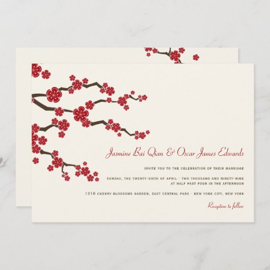 Red Sakura Cherry Blossom Modern Asian Wedding Kaart (Voorkant / Achterkant)