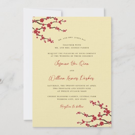 Red Sakura Cherry Blossom Modern Asian Wedding Kaart (Voorkant)