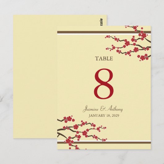 Red Sakura Cherry Blossom Wedding Table Number Briefkaart (Voorkant / Achterkant)