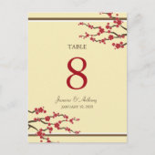 Red Sakura Cherry Blossom Wedding Table Number Briefkaart (Voorkant)
