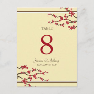 Red Sakura Cherry Blossom Wedding Table Number Briefkaart